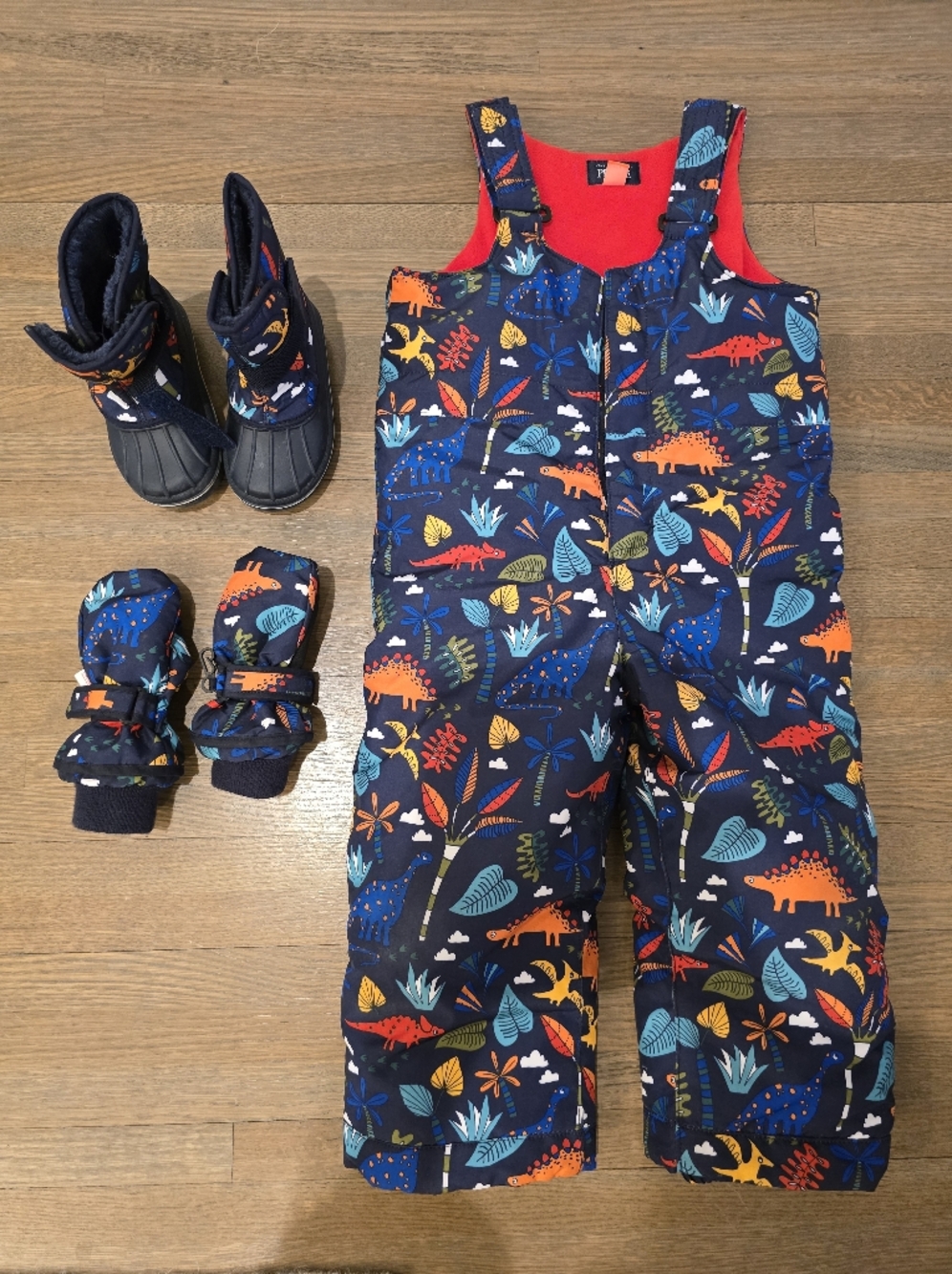 3T Childrens Place Navy Dino Print Snow Pants with Matching Mittens and Boots